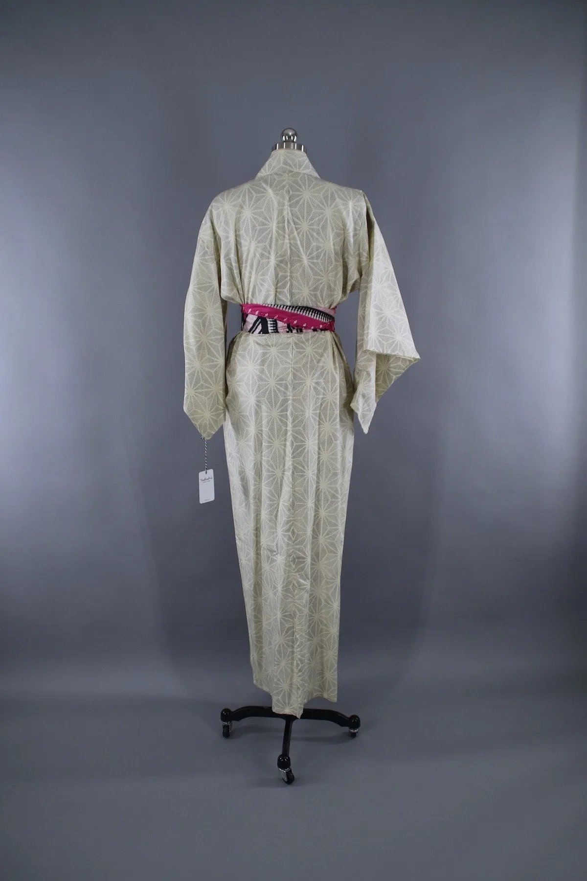 1950s Vintage Silk Kimono Robe / Meisen White & Black Stars