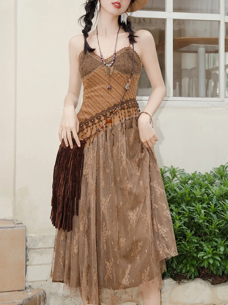 2PS Brown Lace Strap Dress With Bohemia Cardigan Suit