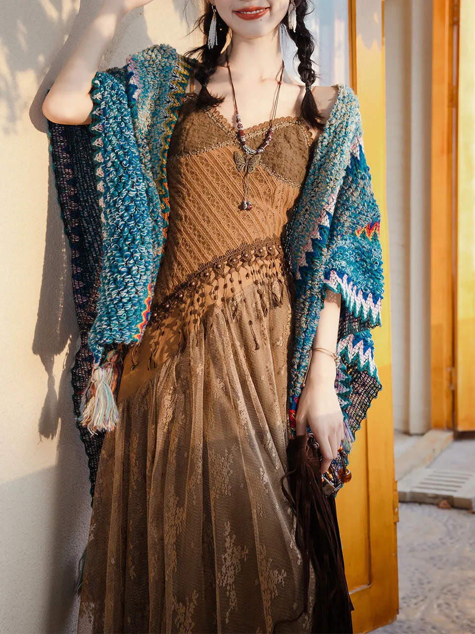 2PS Brown Lace Strap Dress With Bohemia Cardigan Suit