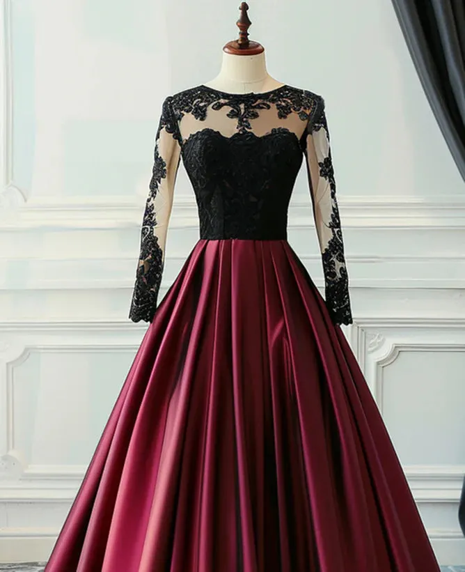 A-Line Ballgown Wine Red Satin with Black Lace Long Sleeves Prom Dress Formal Dress