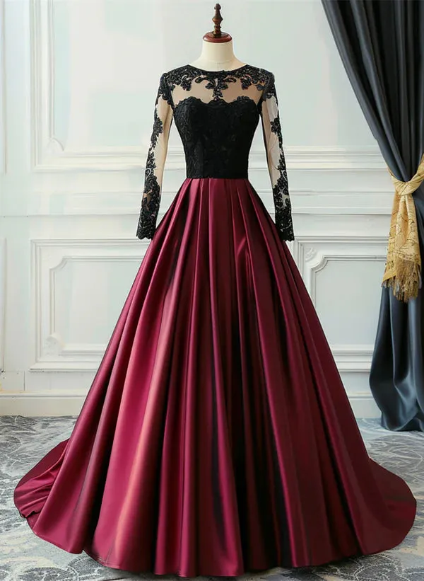 A-Line Ballgown Wine Red Satin with Black Lace Long Sleeves Prom Dress Formal Dress