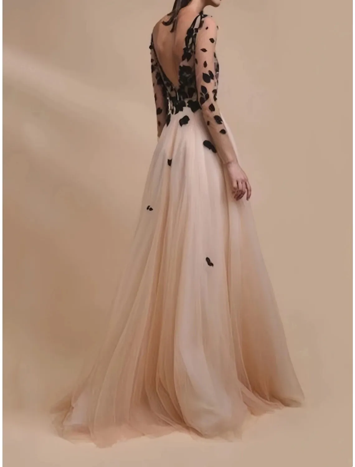 A-Line Evening Gown Elegant Dress Formal Wedding Guest Sweep / Brush Train Long Sleeve V Neck Tulle with EmbroideryA-Line Evening Gown Elegant Dress Formal Wedding Guest Sweep / Brush Train Long Sleeve V Neck Tulle with Embroidery