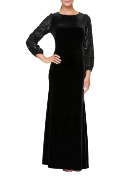 A-Line Mother of the Bride Dress Formal Wedding Guest Party Elegant Scoop Neck Floor Length Velvet Long Sleeve with Sequin