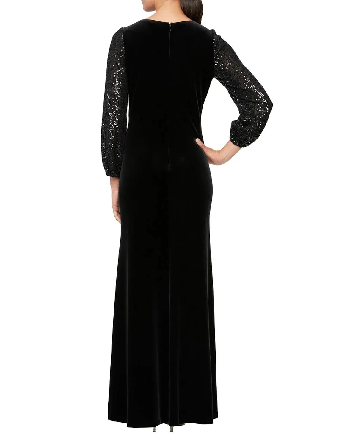 A-Line Mother of the Bride Dress Formal Wedding Guest Party Elegant Scoop Neck Floor Length Velvet Long Sleeve with Sequin