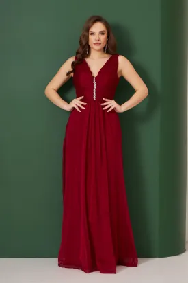 Angelino Bordeaux Chiffon Collar Long Evening Dress and Invitation Dress