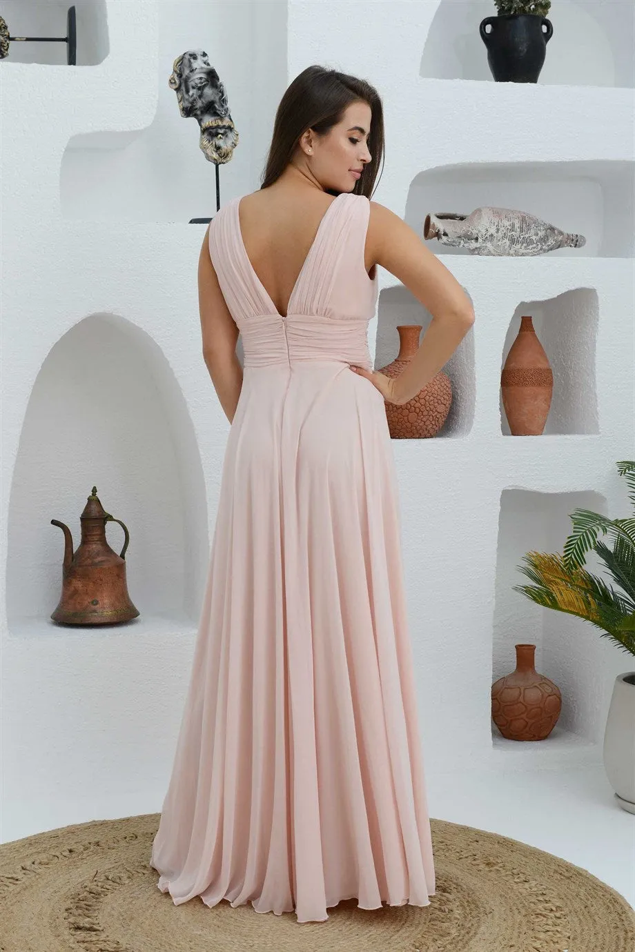 Angelino salmon chiffon v neck long evening dress dress