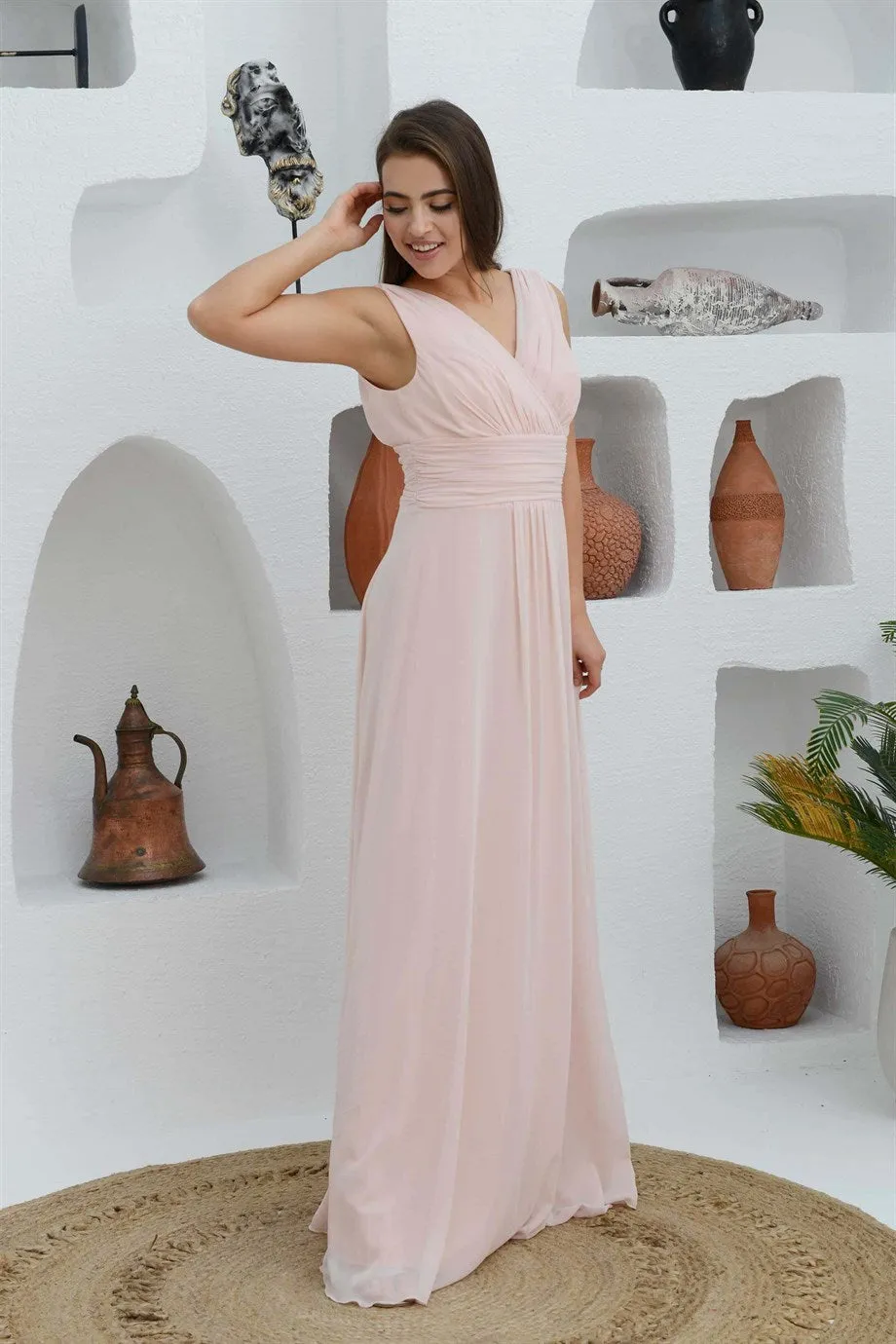 Angelino salmon chiffon v neck long evening dress dress