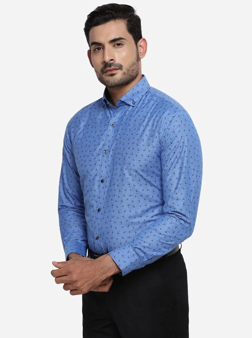 Azure Blue Printed Slim Fit Party wear Shirt | Greenfibre