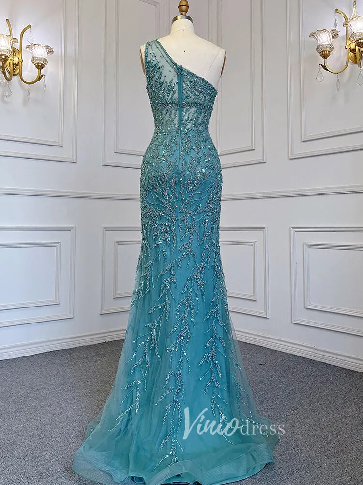 Beaded One Shoulder Prom Dresses with Slit Sheath Evening Gowns 20016