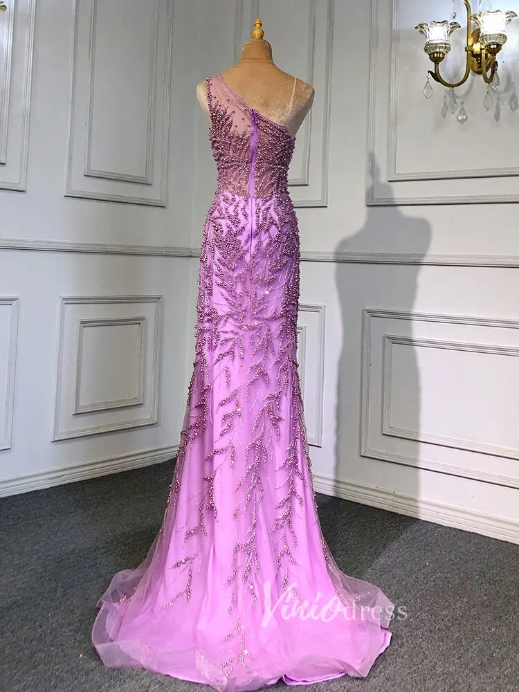 Beaded One Shoulder Prom Dresses with Slit Sheath Evening Gowns 20016