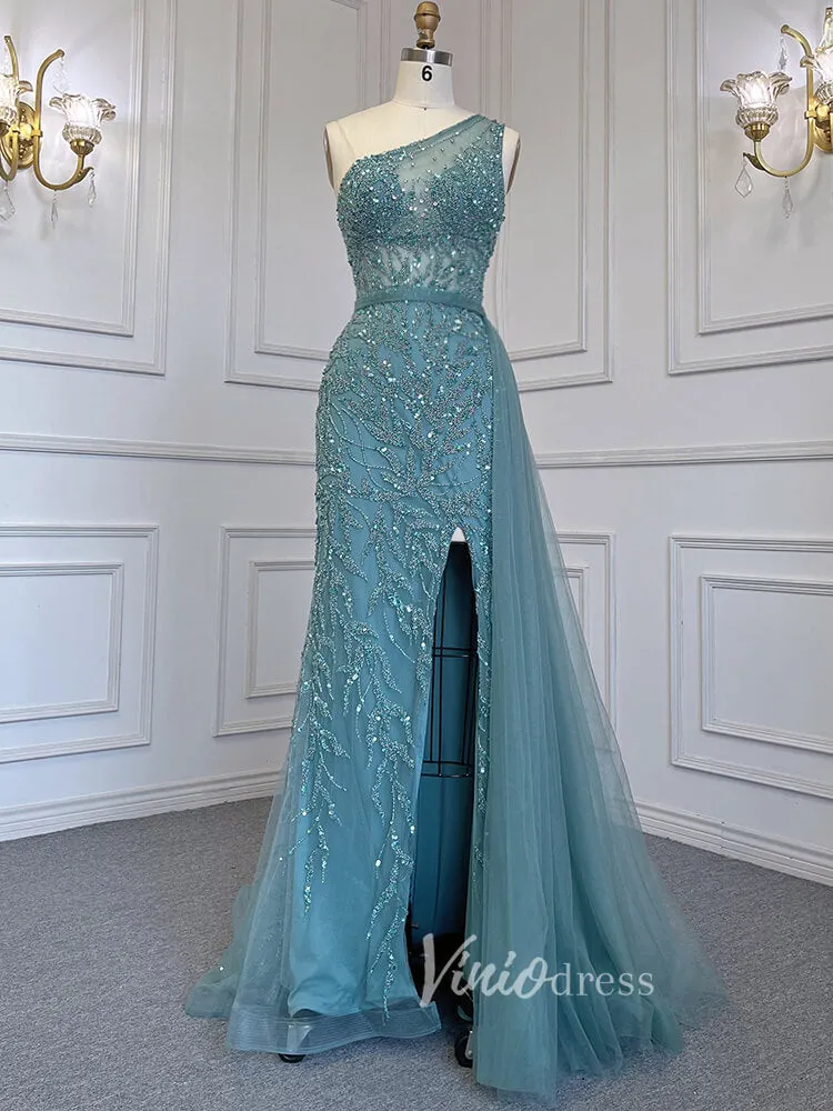 Beaded One Shoulder Prom Dresses with Slit Sheath Evening Gowns 20016