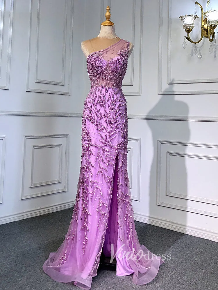 Beaded One Shoulder Prom Dresses with Slit Sheath Evening Gowns 20016