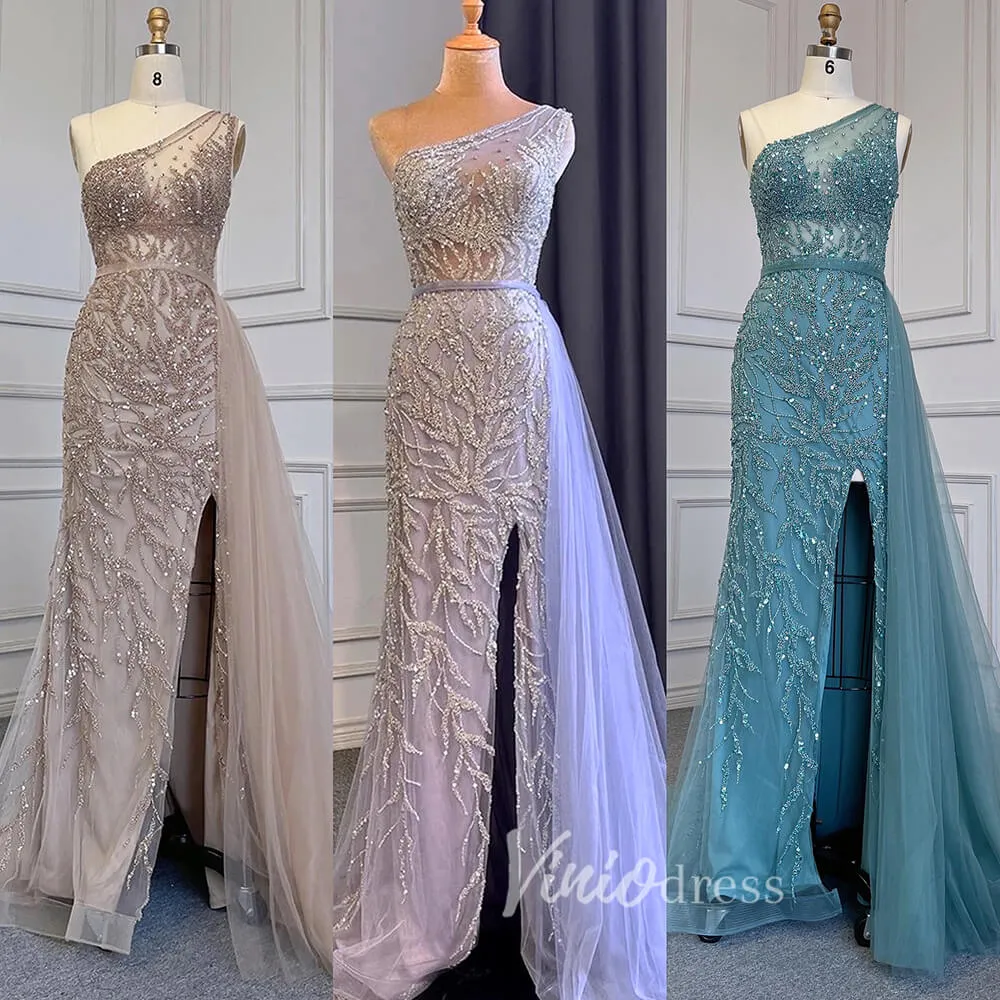 Beaded One Shoulder Prom Dresses with Slit Sheath Evening Gowns 20016