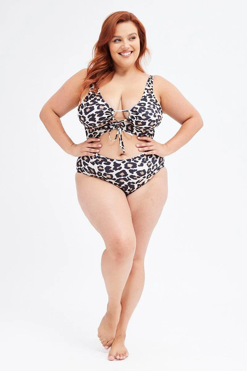 Beige Animal Print Tie Front One Piece Swimsuit