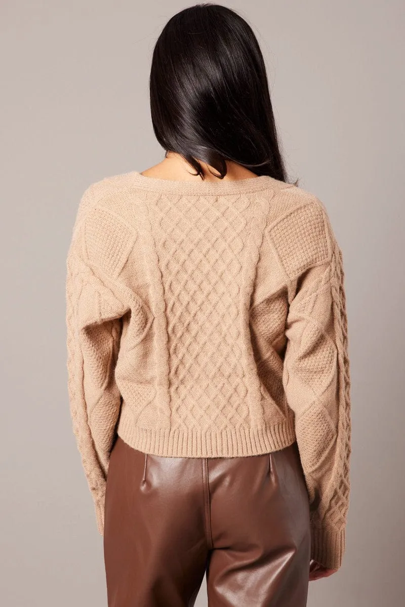 Beige Cable Knit Cardigan Long Sleeve V Neck