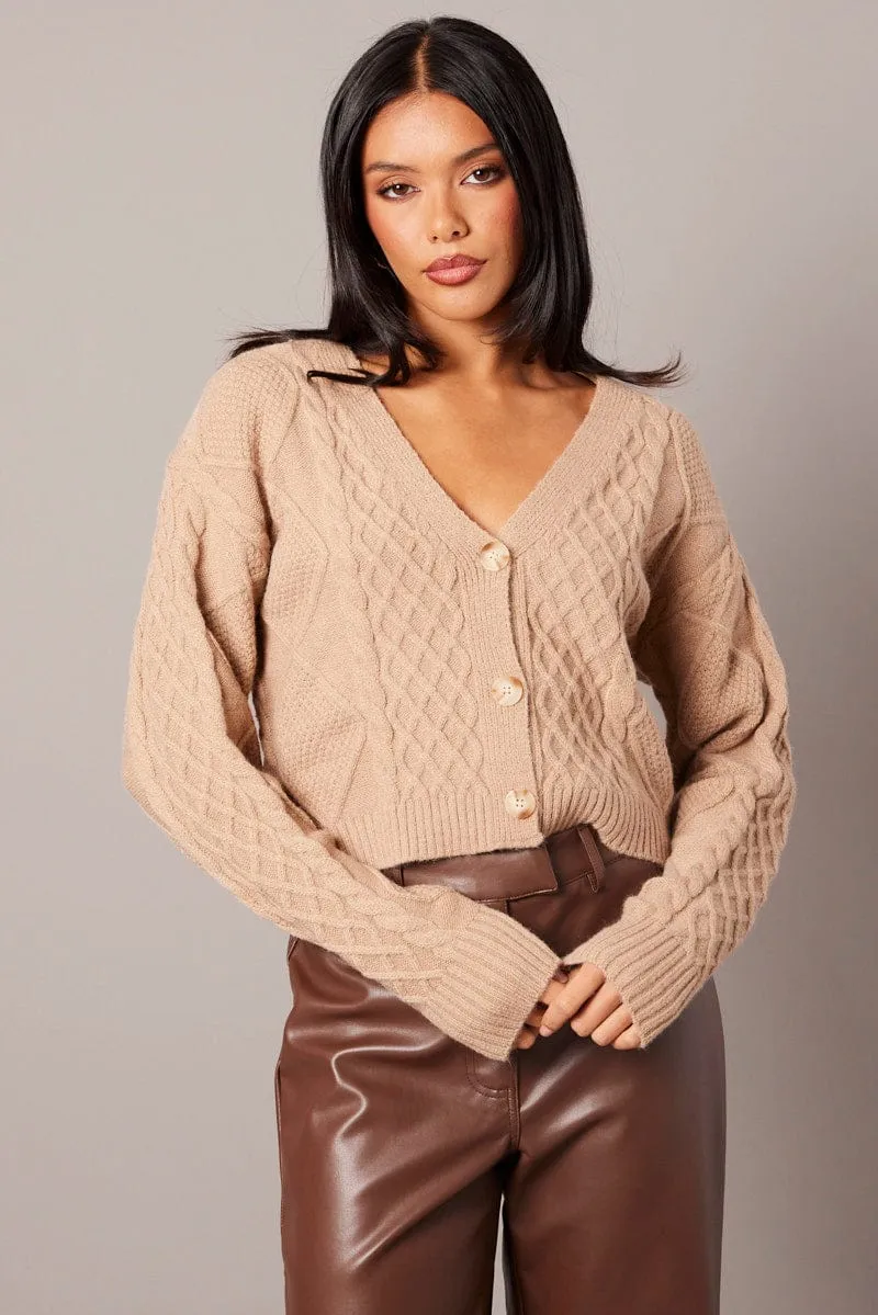 Beige Cable Knit Cardigan Long Sleeve V Neck