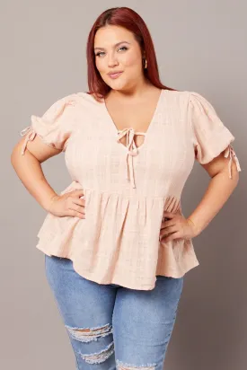 Beige Peplum Top Short Sleeve Tie Front