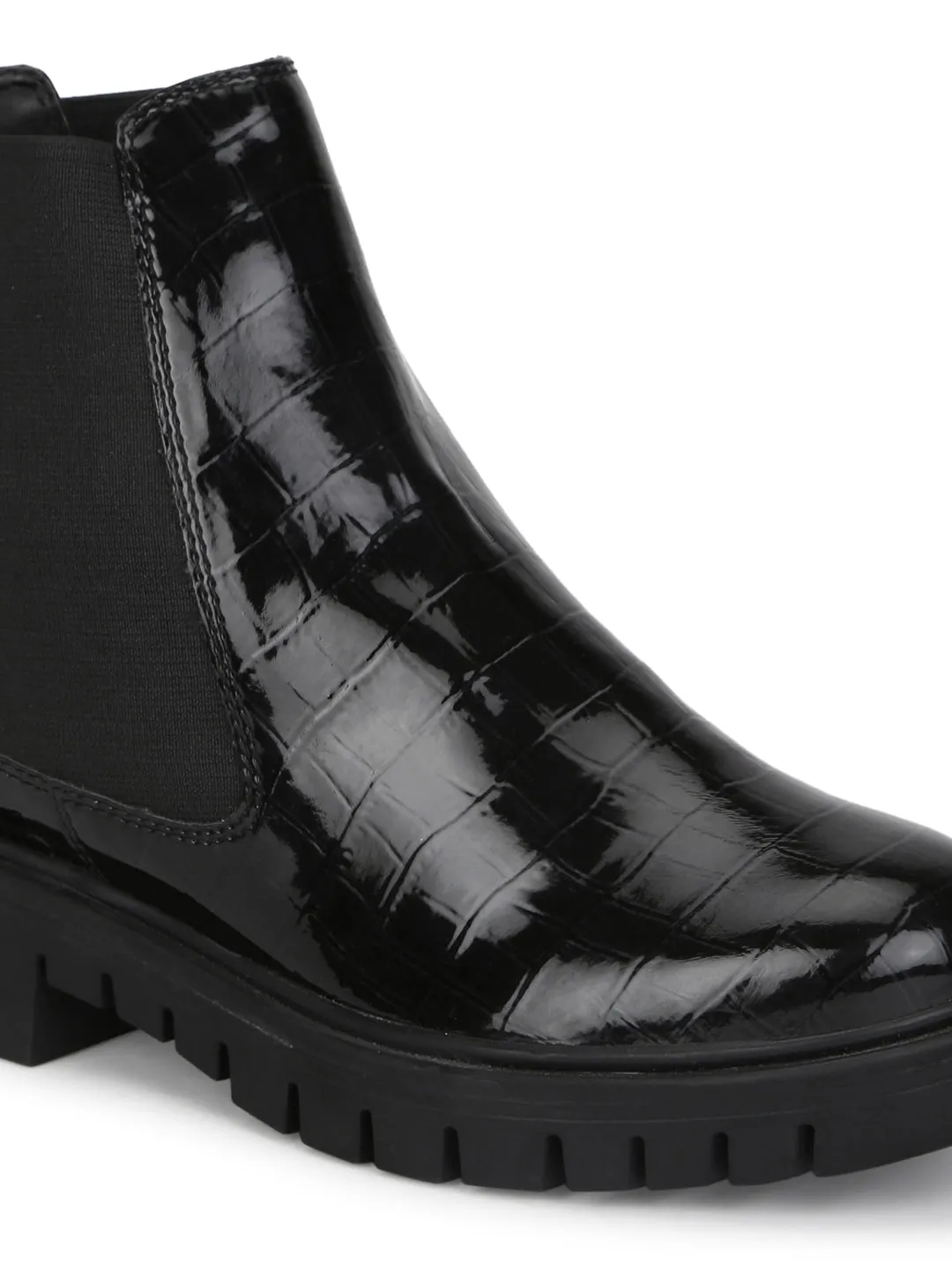 Black Croc Patent Chelsea Ankle Boots