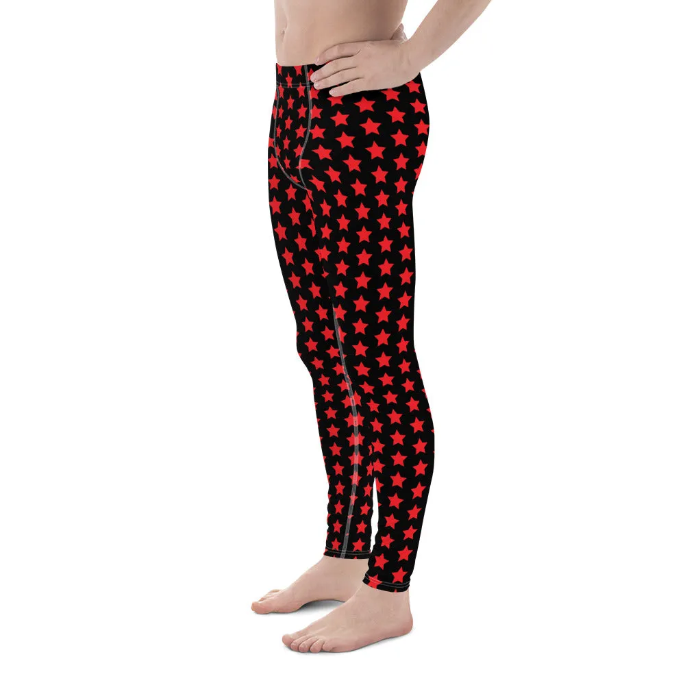 Black Red Stars Meggings, Star Print Best Men's Leggings Running Compression Tights For Men - Made in USA/EU/MX