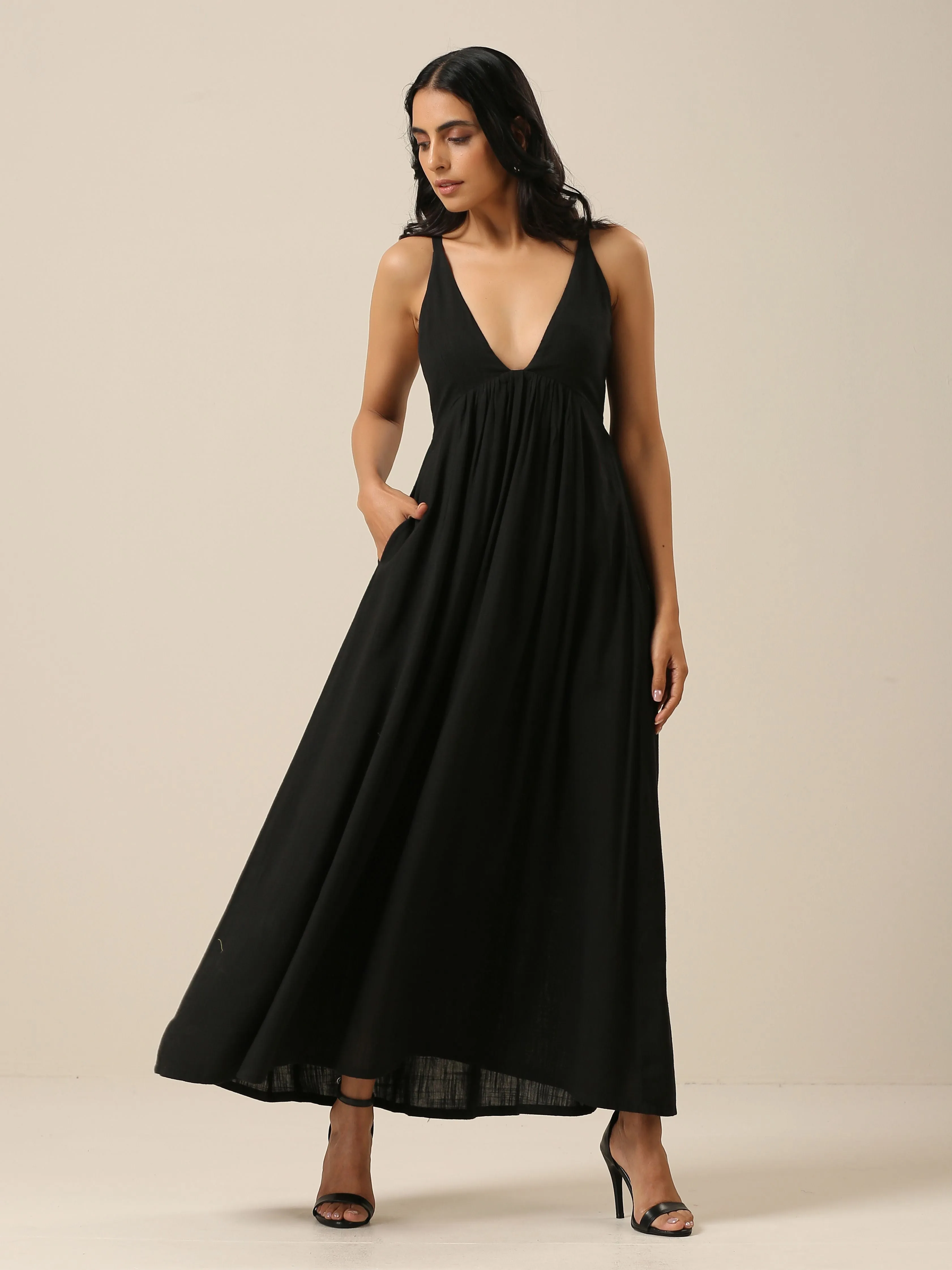 Black Slub Texture Sleeveless Dress