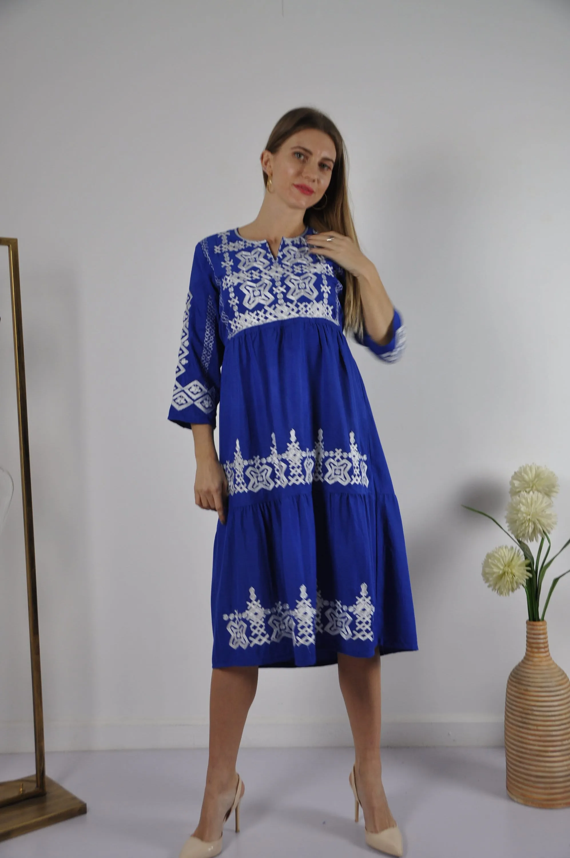 Blue Long Sleeve Embroidered Tunic dress, Boho tunic dress, Summer tunic, beach tunic, resorts tunic, Hippie tunic, Blue Kaftan