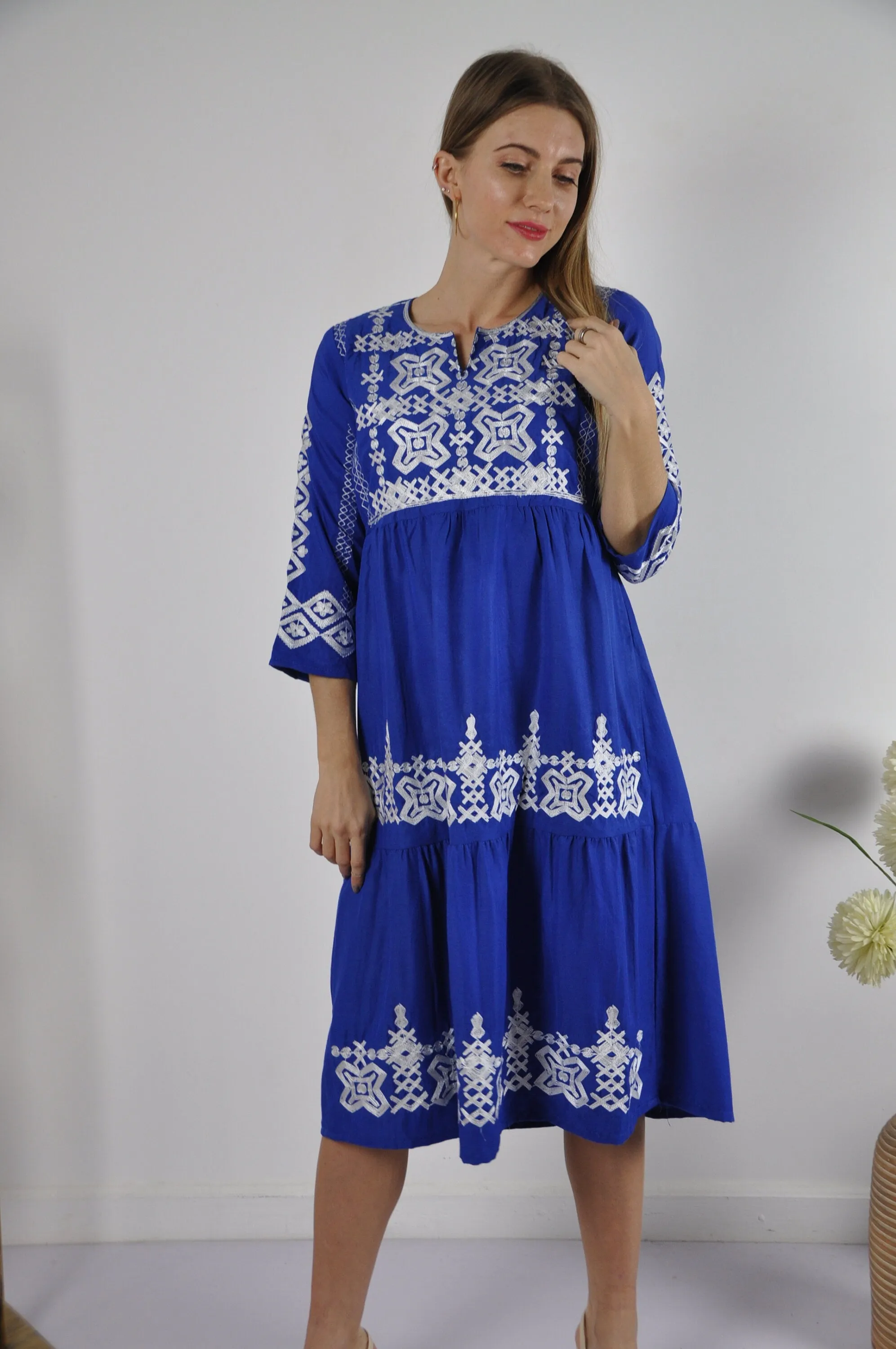 Blue Long Sleeve Embroidered Tunic dress, Boho tunic dress, Summer tunic, beach tunic, resorts tunic, Hippie tunic, Blue Kaftan