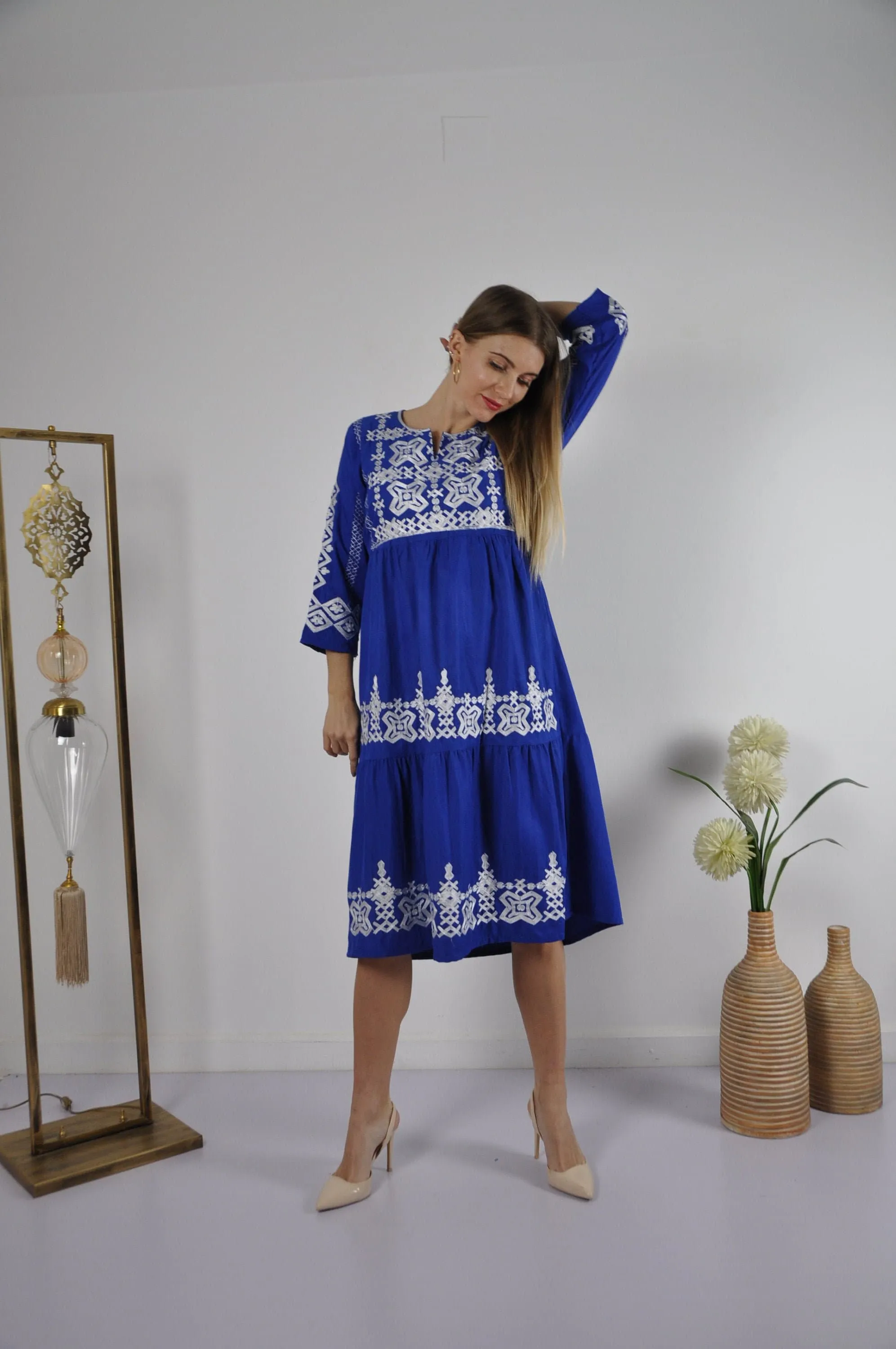 Blue Long Sleeve Embroidered Tunic dress, Boho tunic dress, Summer tunic, beach tunic, resorts tunic, Hippie tunic, Blue Kaftan