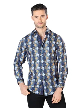 Camisa Casual Manga Larga Estampada Azul para Hombre 'El Señor de los Cielos' - ID: 44046