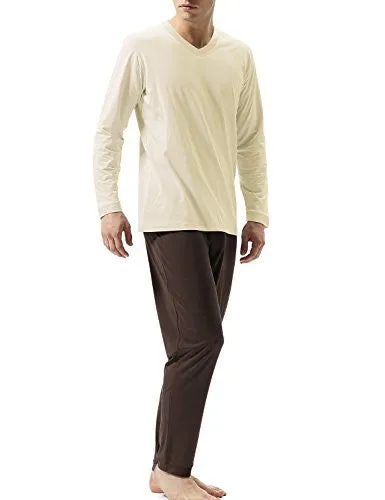 DAVID ARCHY MEN'S V-NECK TOP COTTON MODAL PAJAMA SET(XL,YELLOW-COFFEE)