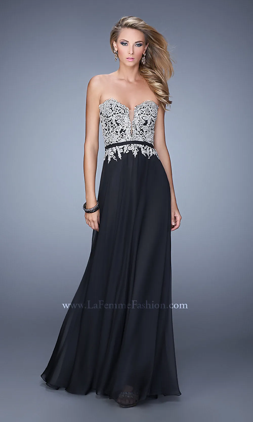 Elegant Black Strapless Evening Gown by La Femme