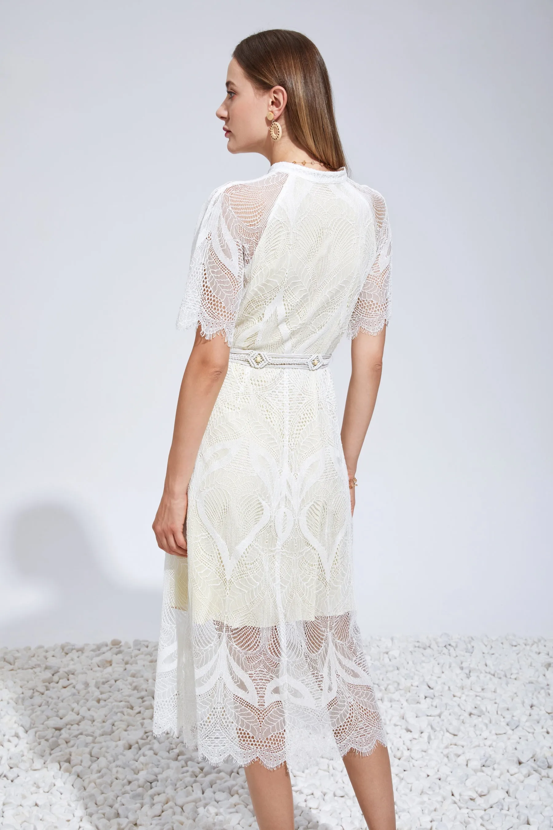 Ella Lace Midi Dress - Off White/Cream