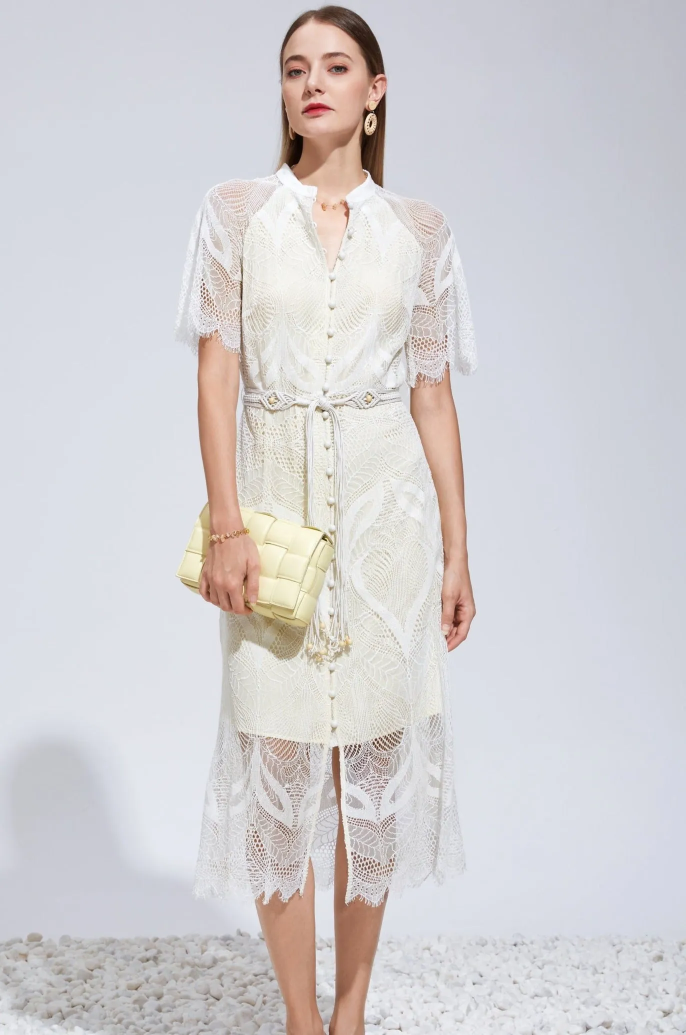 Ella Lace Midi Dress - Off White/Cream