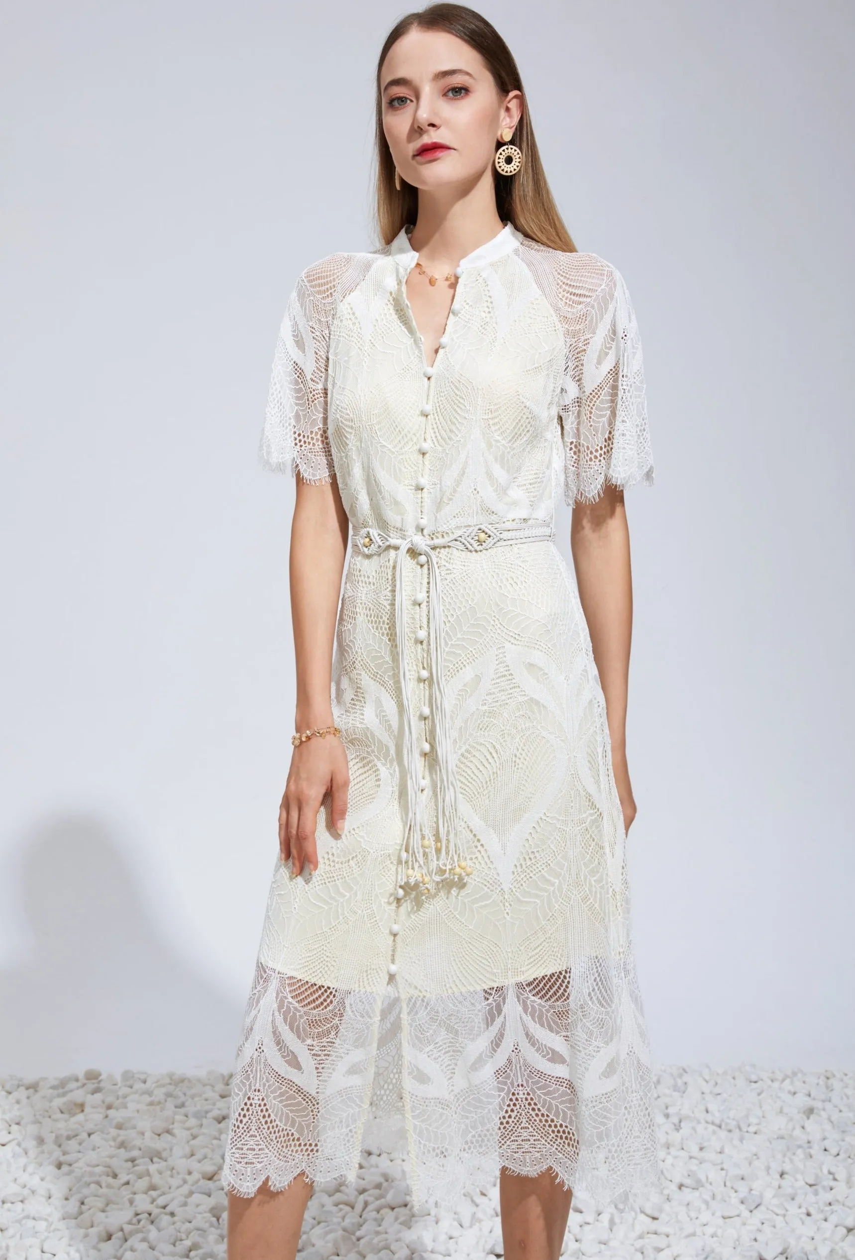 Ella Lace Midi Dress - Off White/Cream