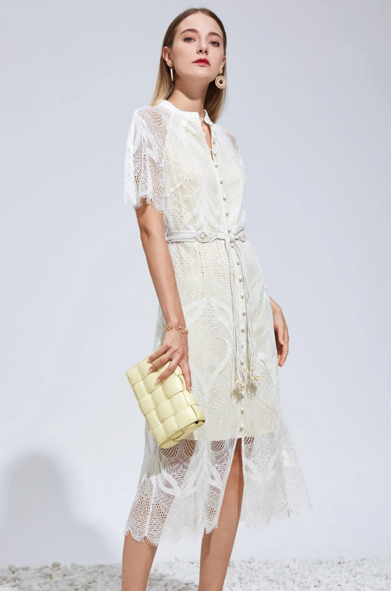 Ella Lace Midi Dress - Off White/Cream