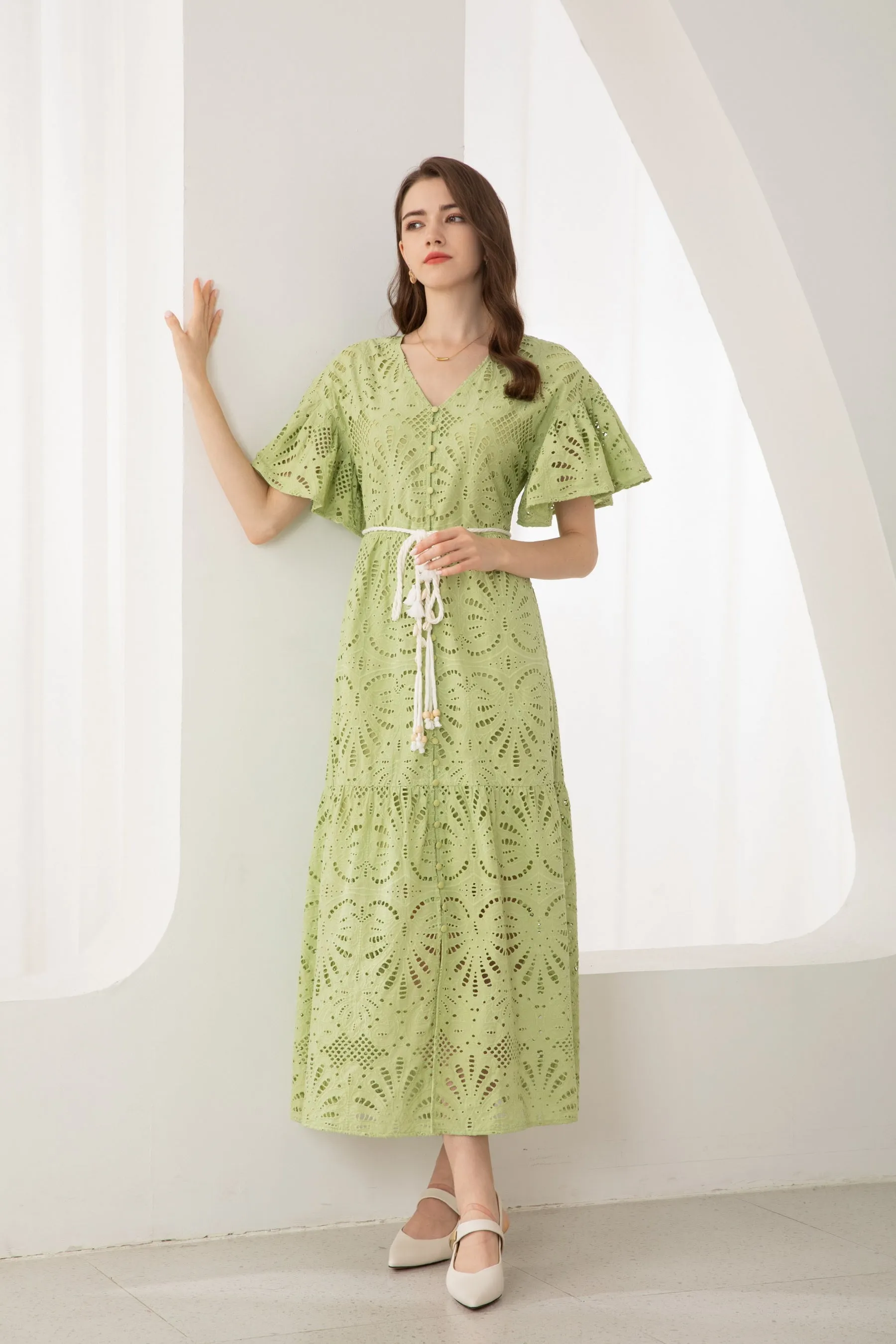 Emaline Embroidered Midi Dress - Green/Lime - GDS