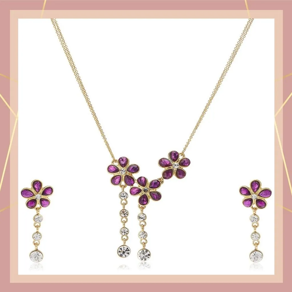 Estele 24 CT Gold plated Ruby Flowers with Austrian Crystal drops Necklace Set for Women