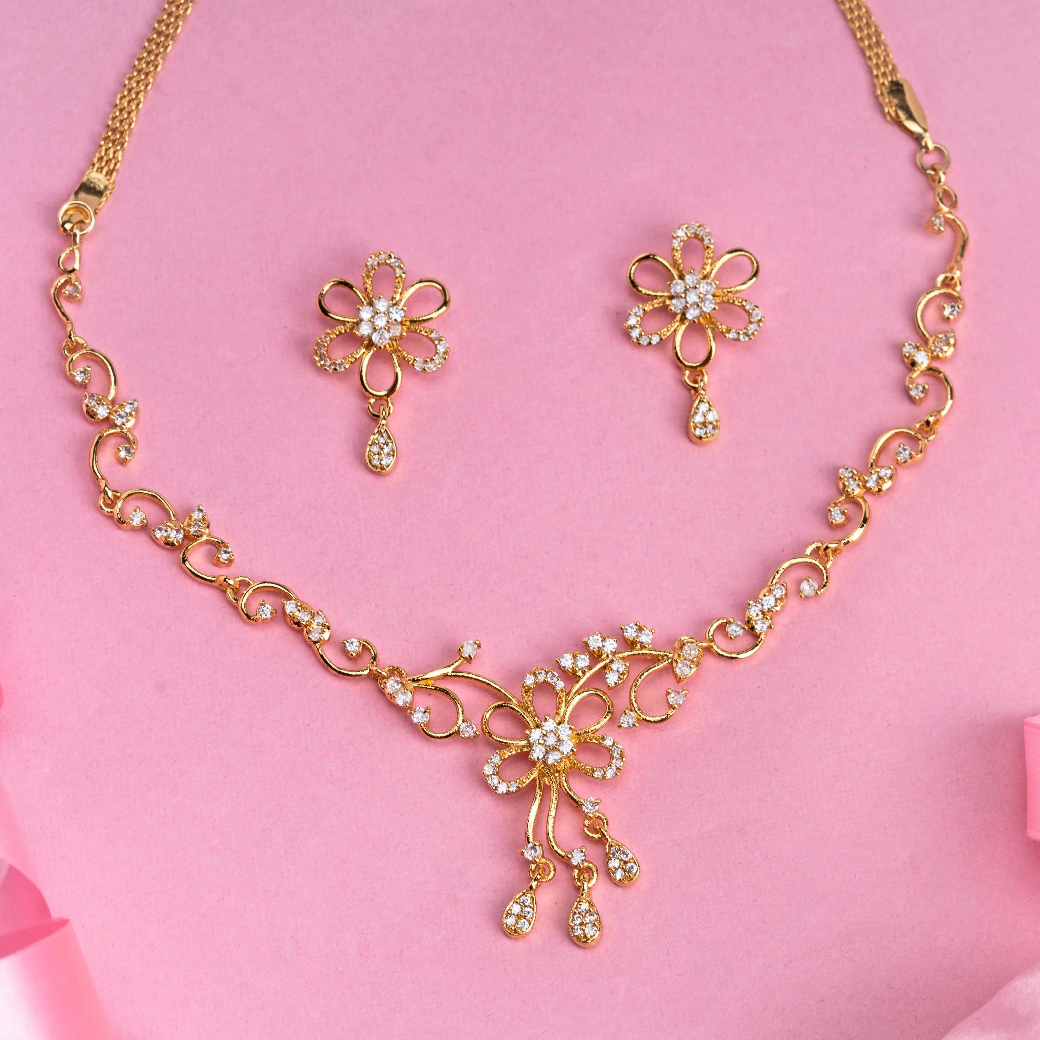 Estele - 24 Kt Gold Plated CZ Flower Shaped Necklace Set for Women