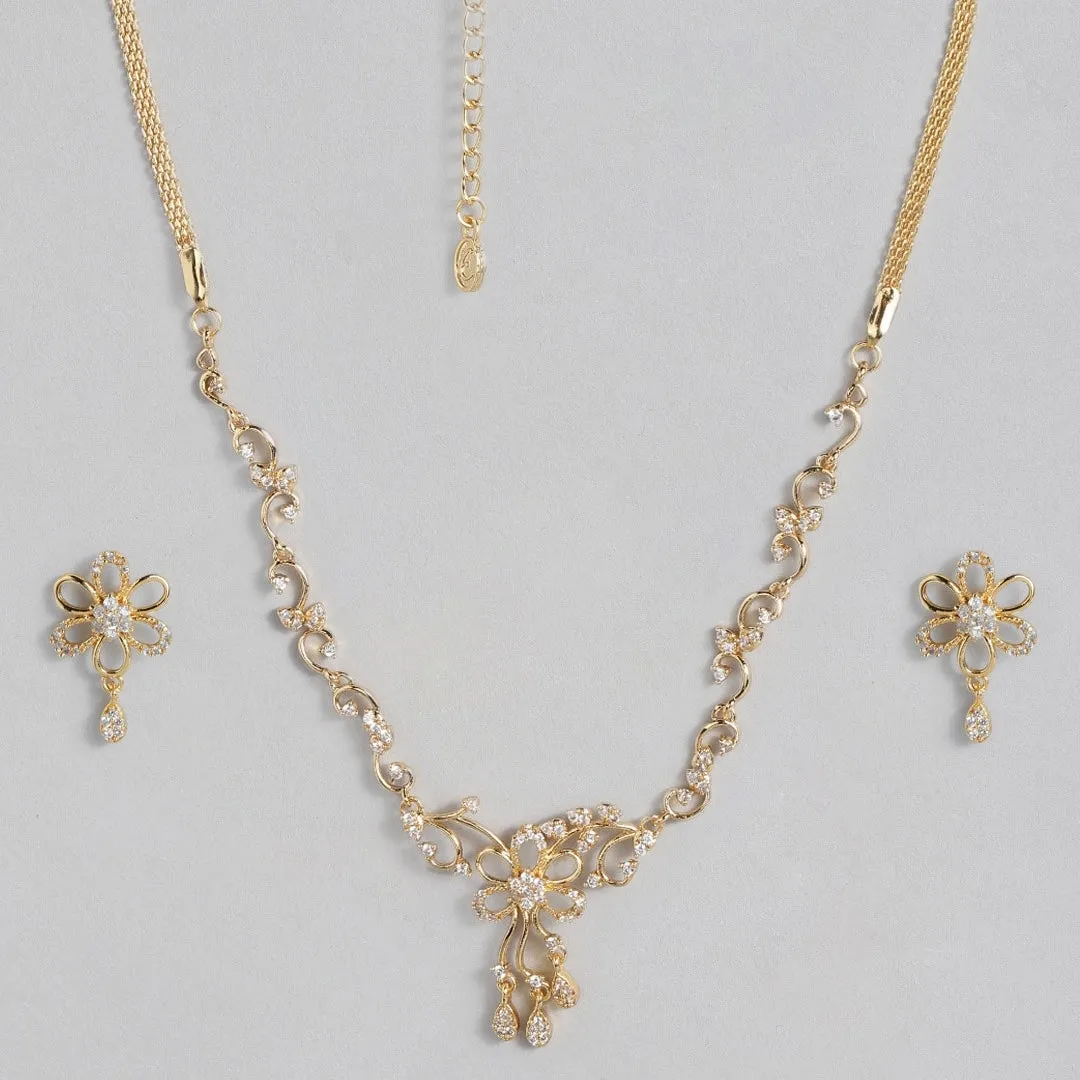 Estele - 24 Kt Gold Plated CZ Flower Shaped Necklace Set for Women