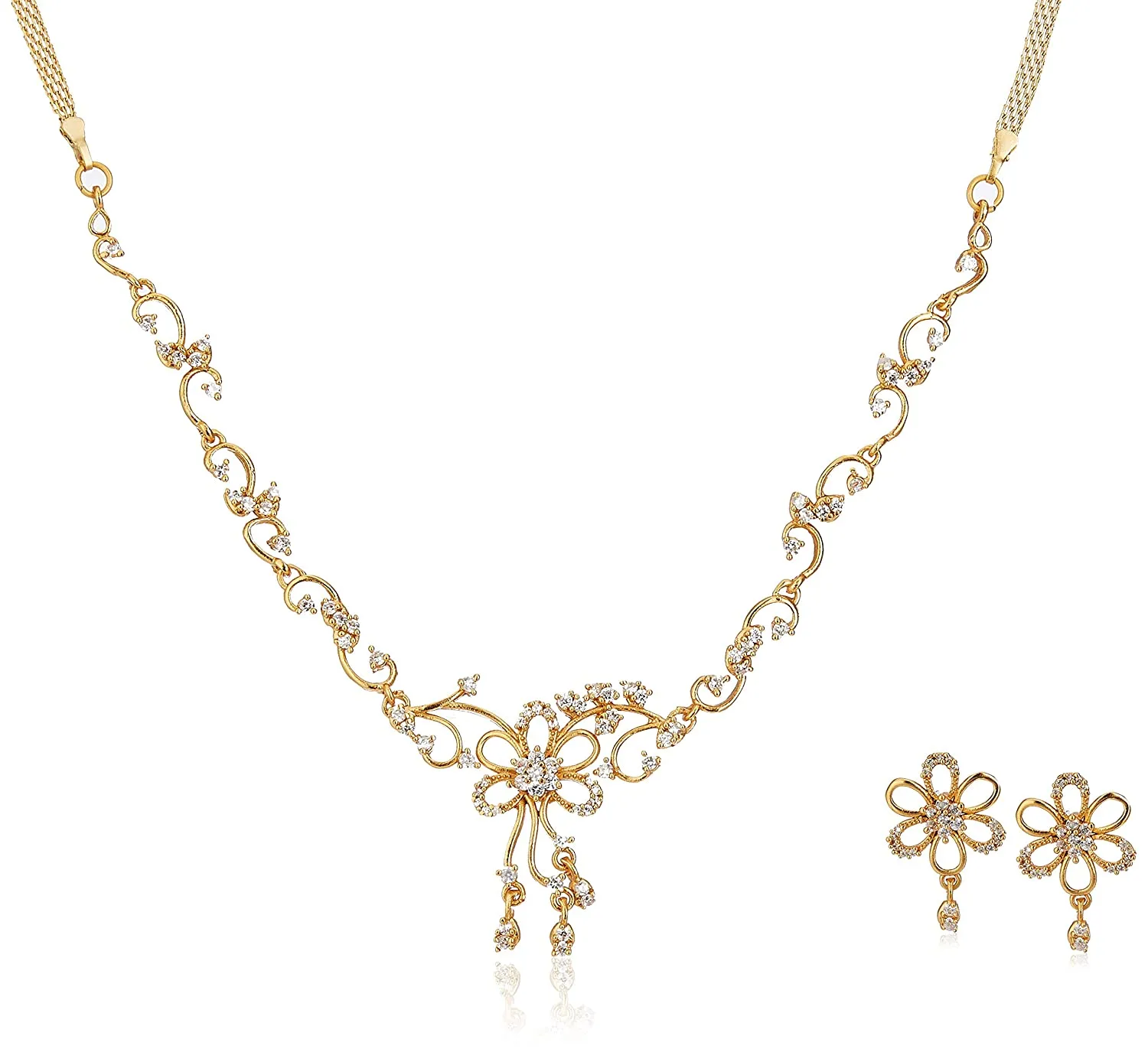 Estele - 24 Kt Gold Plated CZ Flower Shaped Necklace Set for Women