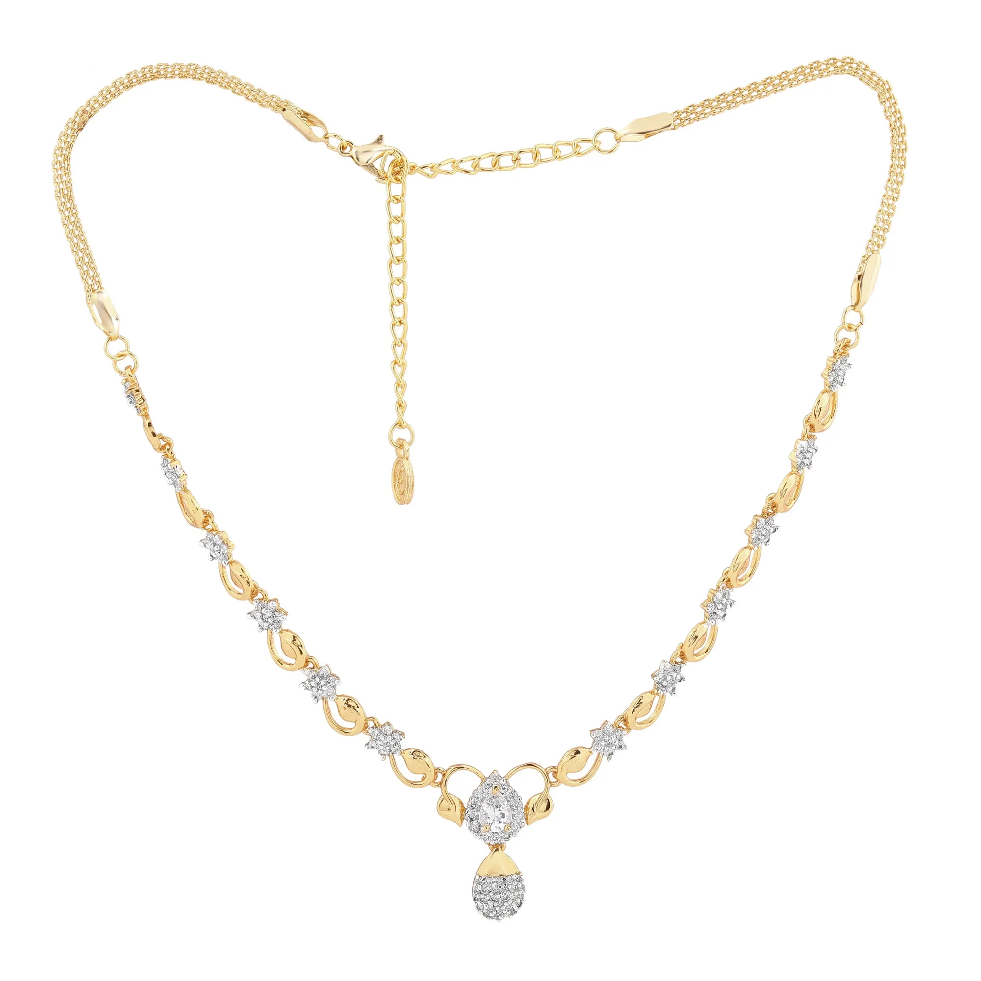 Estele Gold & Rhodium Plated CZ Flower Designer Necklace Set with White Stones for Women