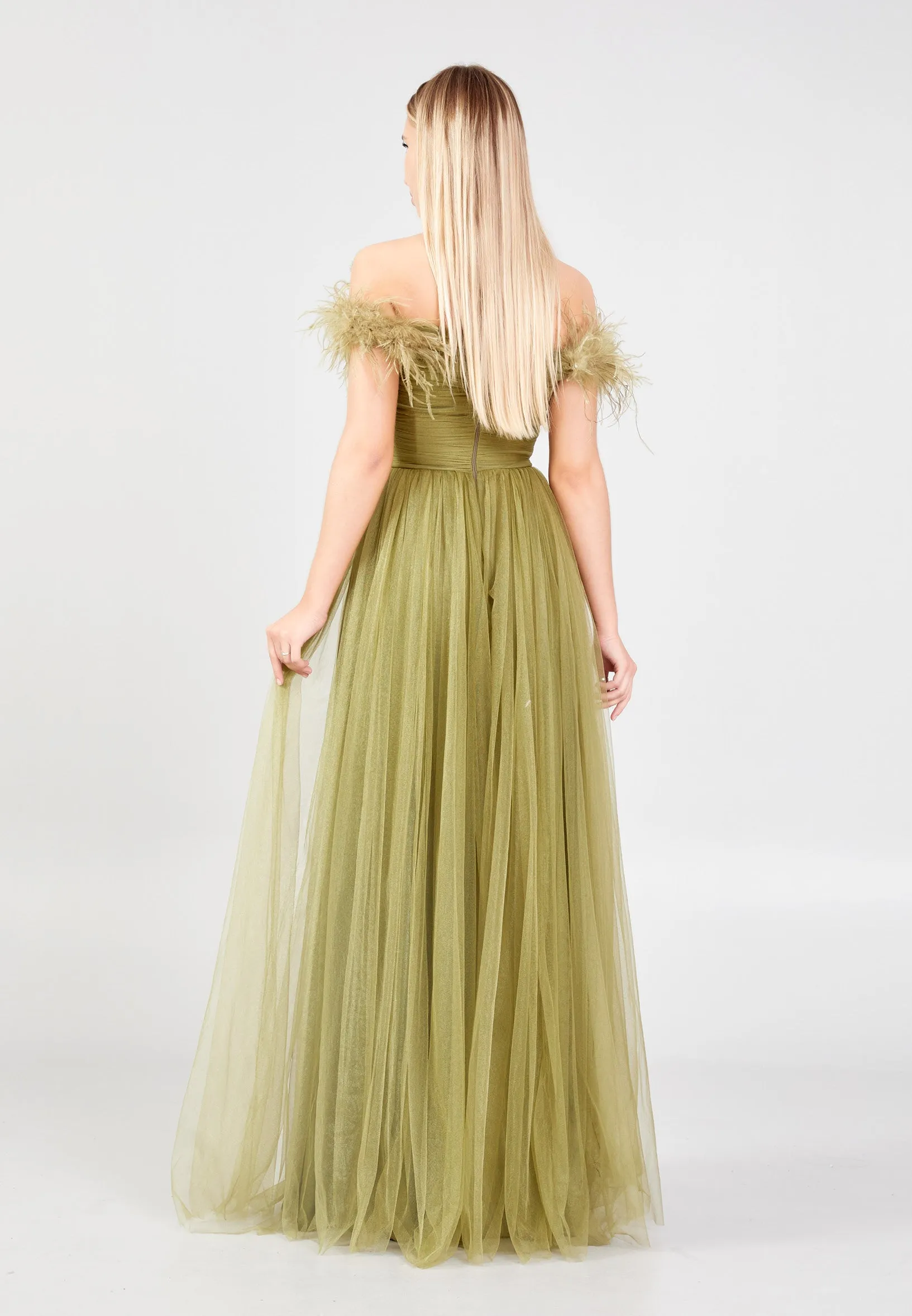 Feather Off Shoulder Maxi Tulle A - Line Regular Green Wedding Guest Dress - Green