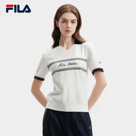 FILA CORE CROSS OVER MODERN HERITAGE Women Knit V-Neck Collared Short Sleeve Top (Light Blue / White)