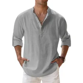 Grey Stylish Cotton Linen Full Sleeves Regular Fit Short Kurta Shirt