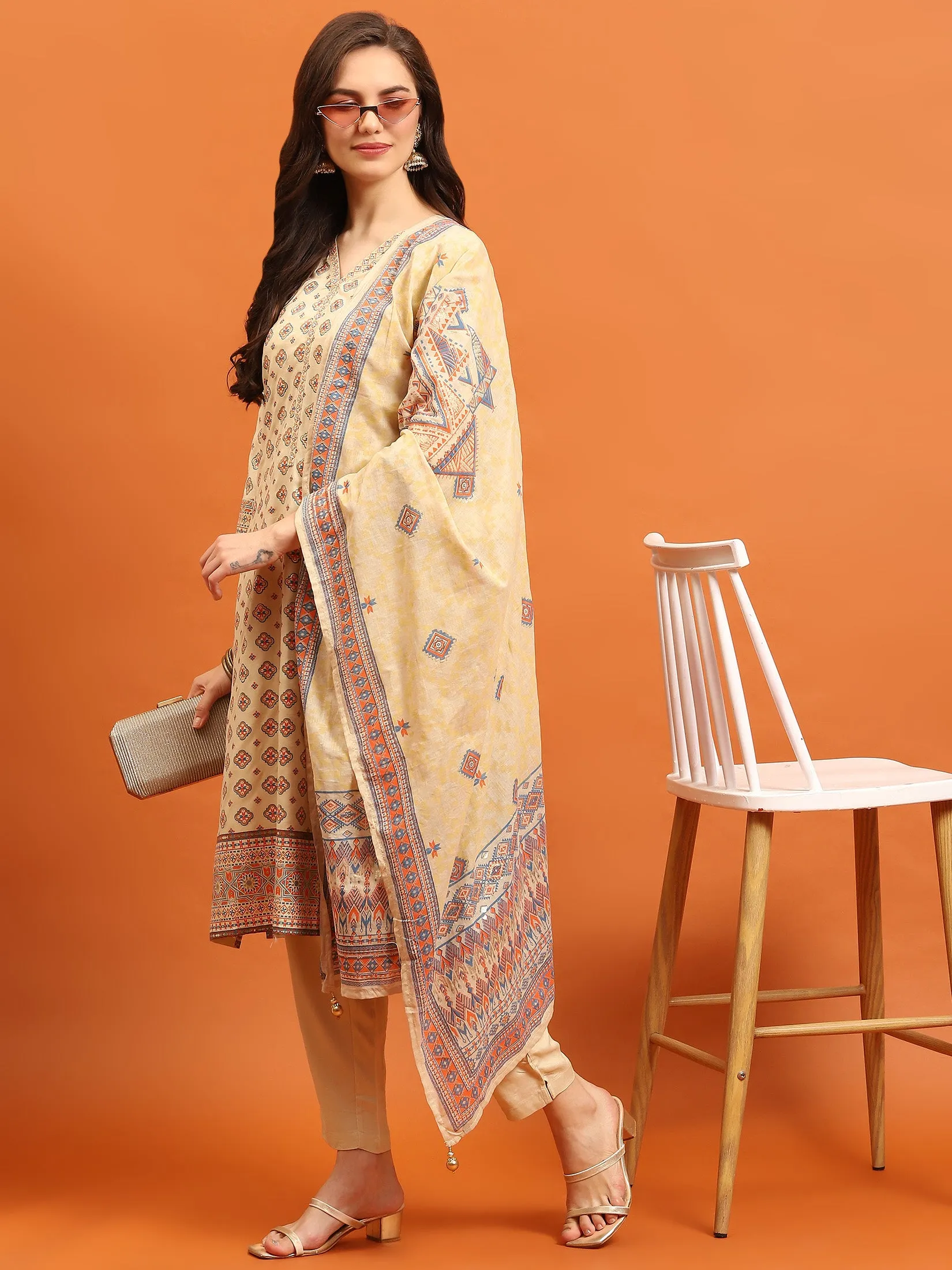 Indiessence Women Beige Ornamental Printed Kurta Trouser Dupatta