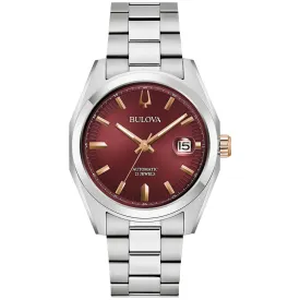 MEN'S STAINLESS STEEL BULOVA SURVEYOR WATCH WITH BURGUNDY DIAL