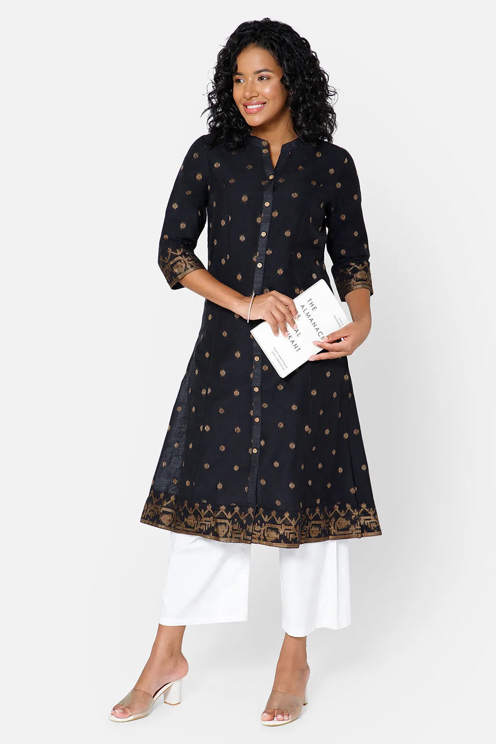 Mythri Women's Casual Kurthi with Mandarin Collar 3/4th Sleeves - Black - KU69