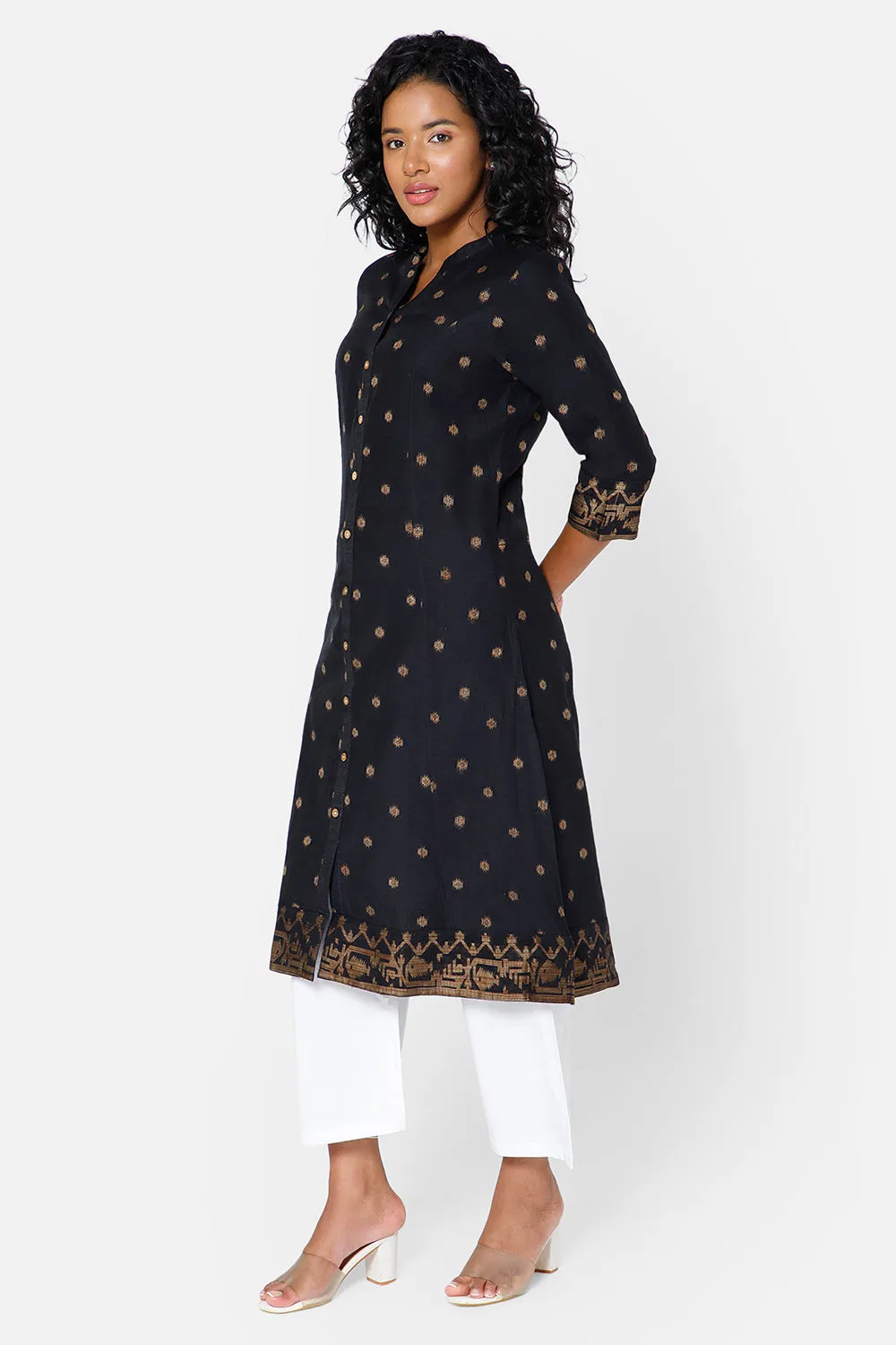 Mythri Women's Casual Kurthi with Mandarin Collar 3/4th Sleeves - Black - KU69