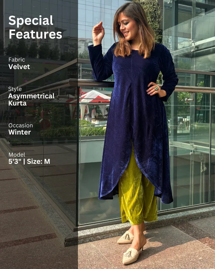 Navy Asymmetrical Velvet Kurta For Women