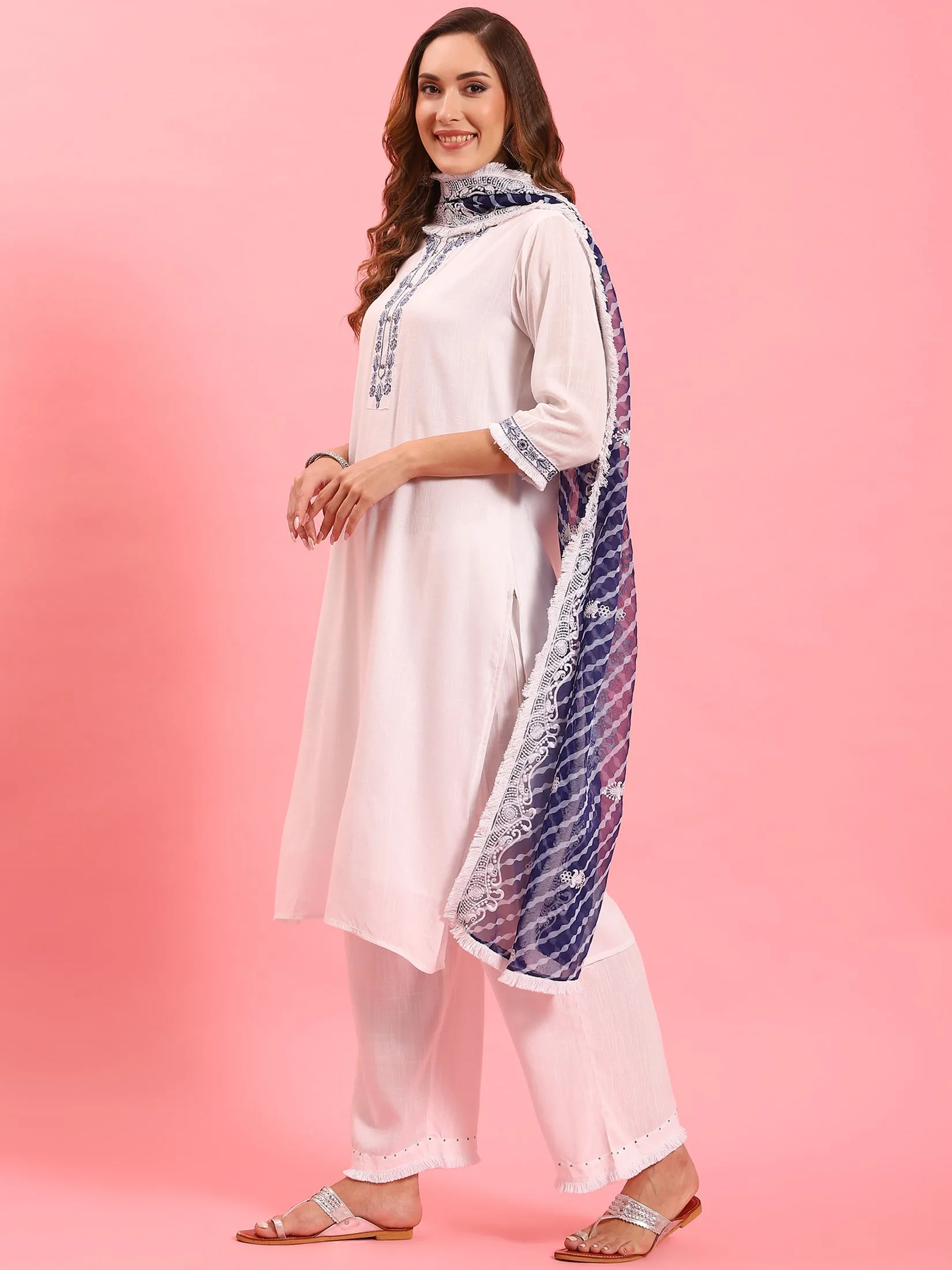 White Embroidered Kurta Comfort Pant Dupatta