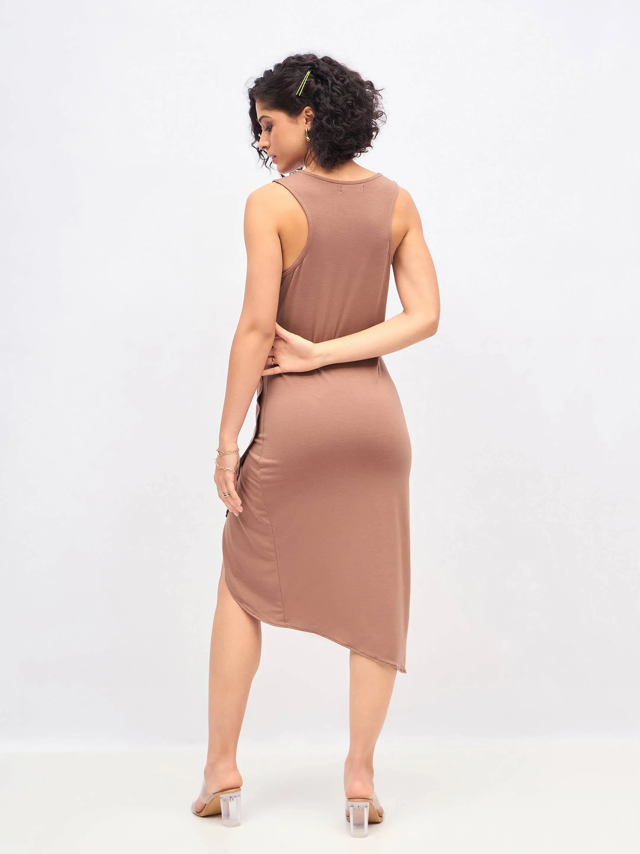 Women Brown Box Back Cascade Ruffle Midi Dress